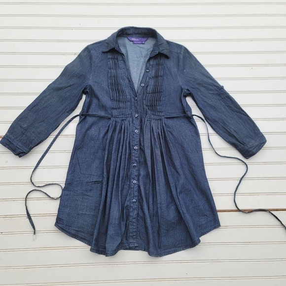 MILEY CYRUS MAX AZRIA Girls DENIM DRESS Blue Tie Back Long Sleeve Sz S - Picture 1 of 8